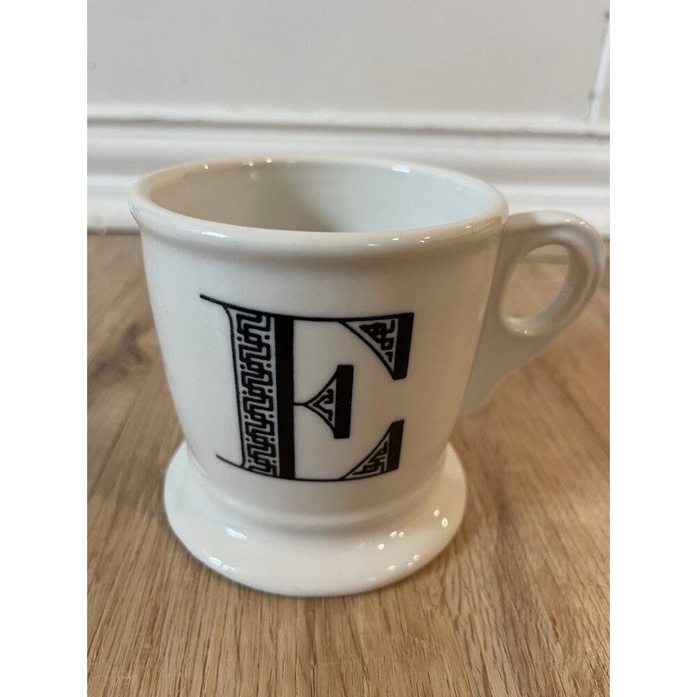 Anthropologie Monogram Mug E Initial White Black Ceramic Footed Coffee Tea Cocoa